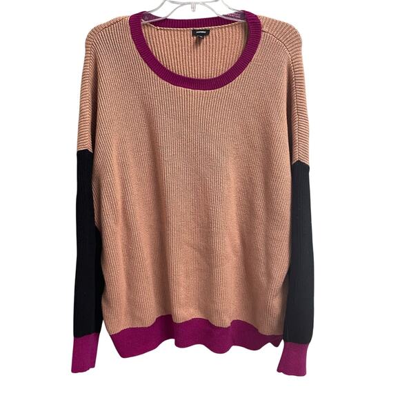 Express Colorblock Knit Sweater Womens Sz XXL Tan Black Purple Crewneck Pullover - Picture 1 of 4